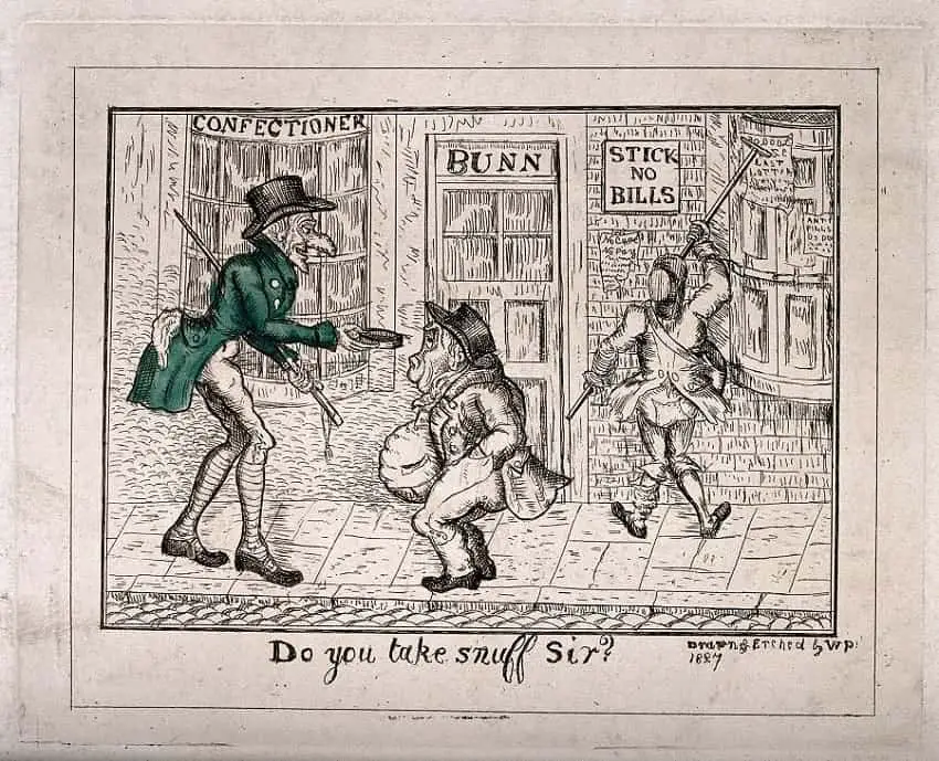 A street scene with a tall man offering snuff to a short fat man. Coloured etching byW P1827