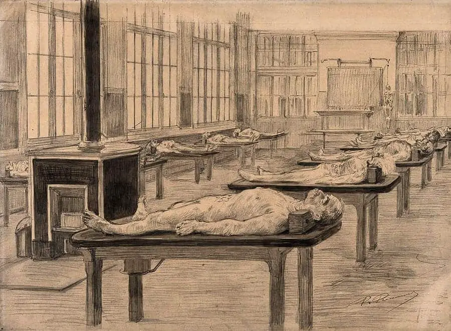 Interior of a dissecting room with cadavers laid out on tables. Drawing by Paul Ronard late 19th early 20thc via Wellcome Images