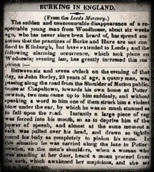 Fear of Burking in England highlighted in the newspaper 1830
