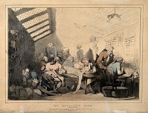 Three anatomical dissections taking place in an attic Coloured lithograph by T C Wilson after a pen and wash drawing by T Rowlandson.