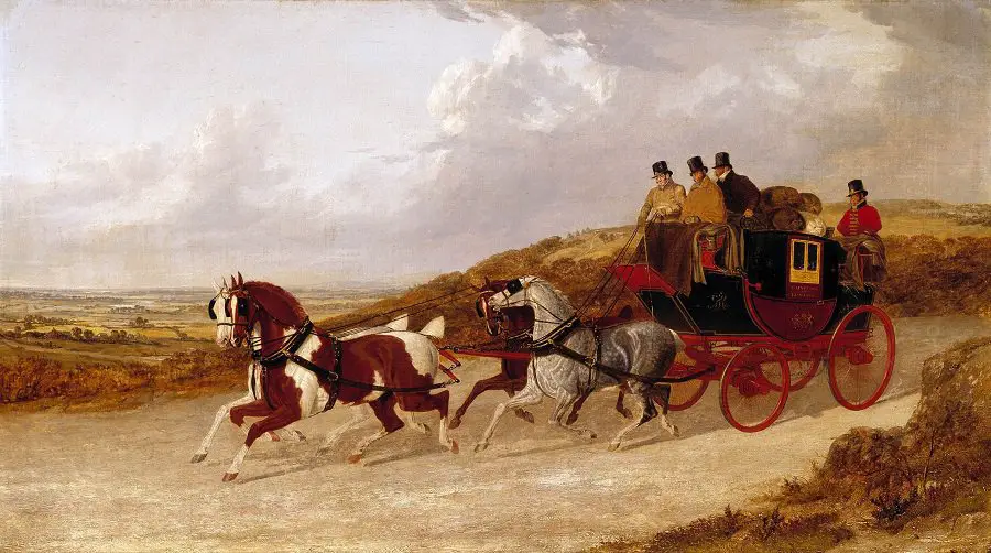 Royal Mail Coach similar to the one William Hare left Edinburgh on in 1829 after his trial for the Edinburgh Murders 