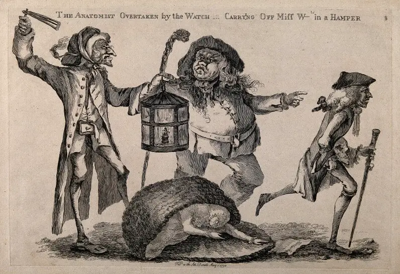 A nightwatchman disturbs a body-snatcher who has dropped the stolen corpse he had been carrying in a hamper, while the anatomist runs away. Etching with engraving by W Austine