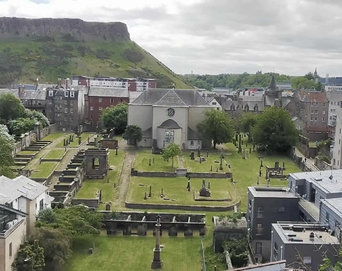 Canongate Kirkyard with Arthur's Seat in the background 