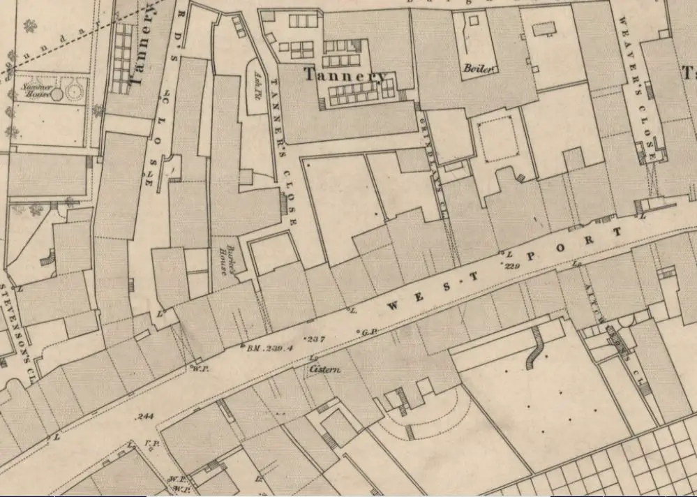 Ordnance survey map showing Burkes House in Tanners Close Edinburgh
